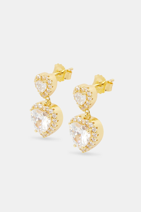 Double Heart Drop Earrings - Gold