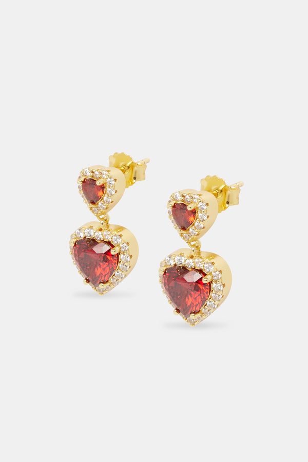 Red Double Heart Drop Earrings - Gold