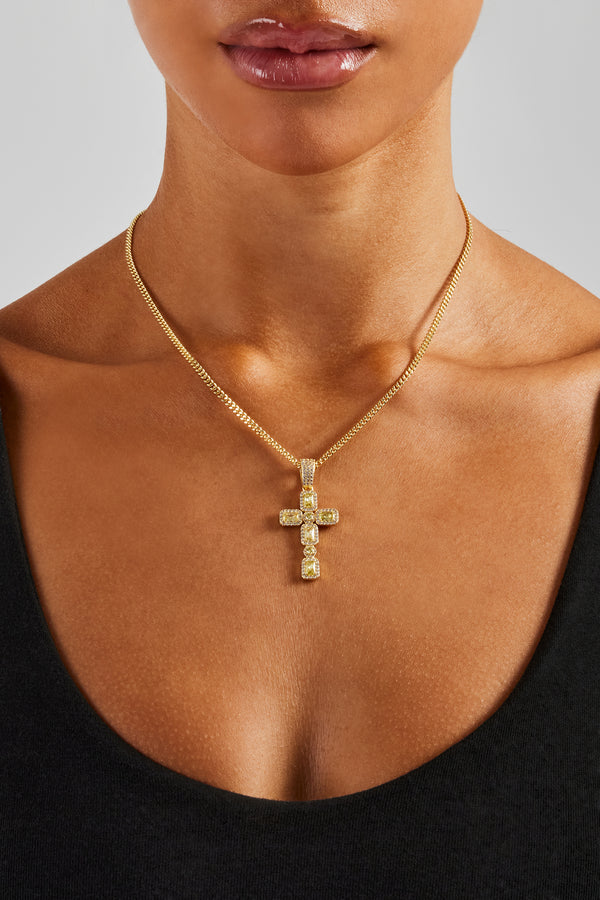 Iced Green Gemstone Cross Cuban Necklace - 40mm