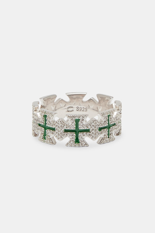 Green Enamel Cross Motif Ring