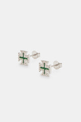 Green Enamel Cross Motif Stud Earrings - 8mm