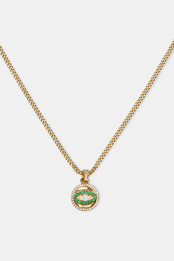 Iced Green Evil Eye Disc Necklace - 20mm