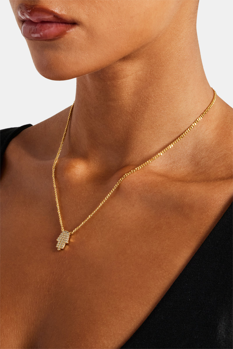 Iced Hamsa Hand Necklace - Gold