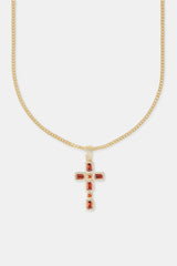 Iced Red Gemstone Cross Cuban Necklace - 40mm