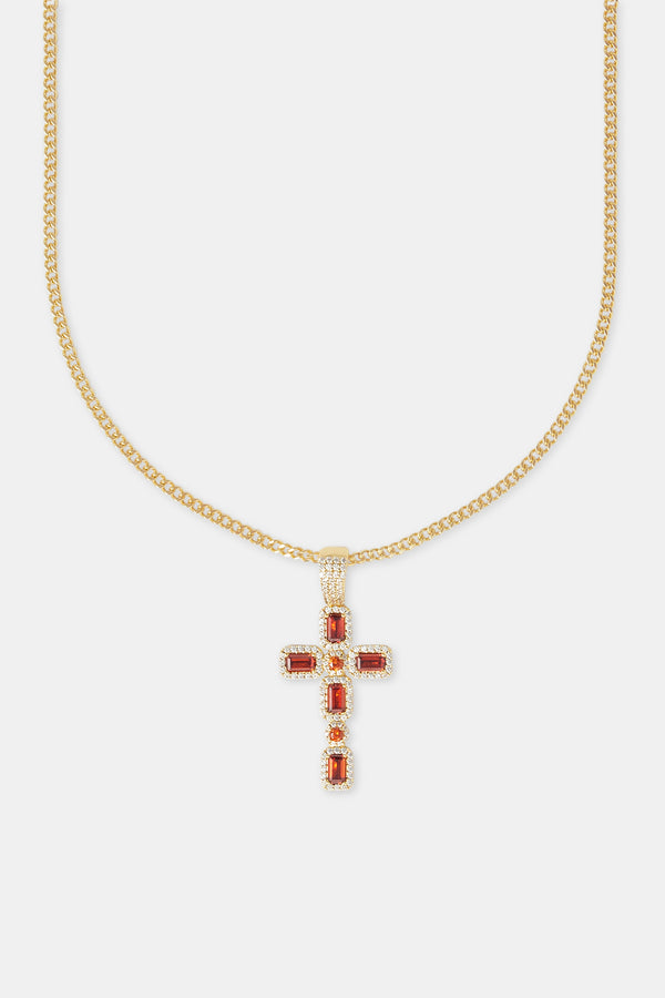 Iced Red Gemstone Cross Cuban Necklace - 40mm