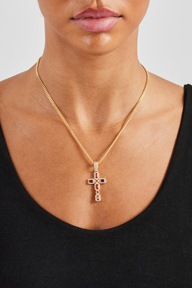 Iced Red Gemstone Cross Cuban Necklace - 40mm