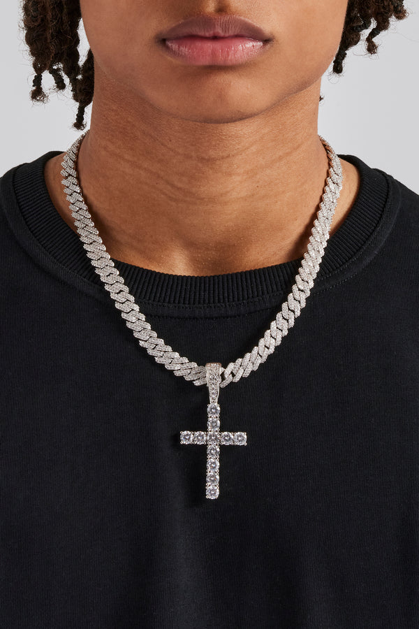 Iced Cross Pendant & 14mm Prong Cuban Chain - White