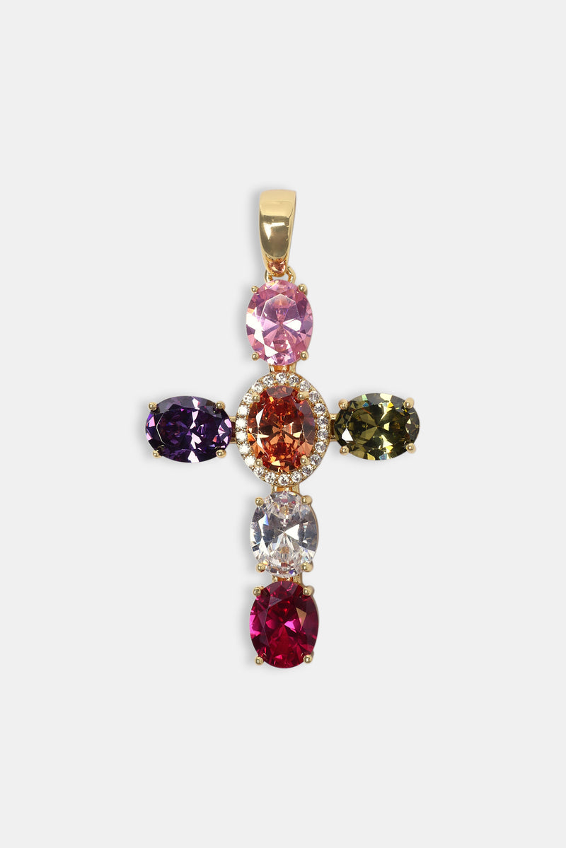 Multi Colour Gem Cross Pendant & 5mm Tennis Chain - Gold