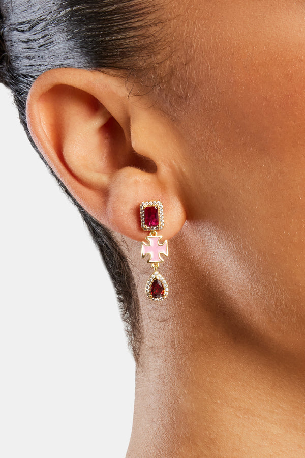 Pink Multi Gem Drop Earrings - Gold