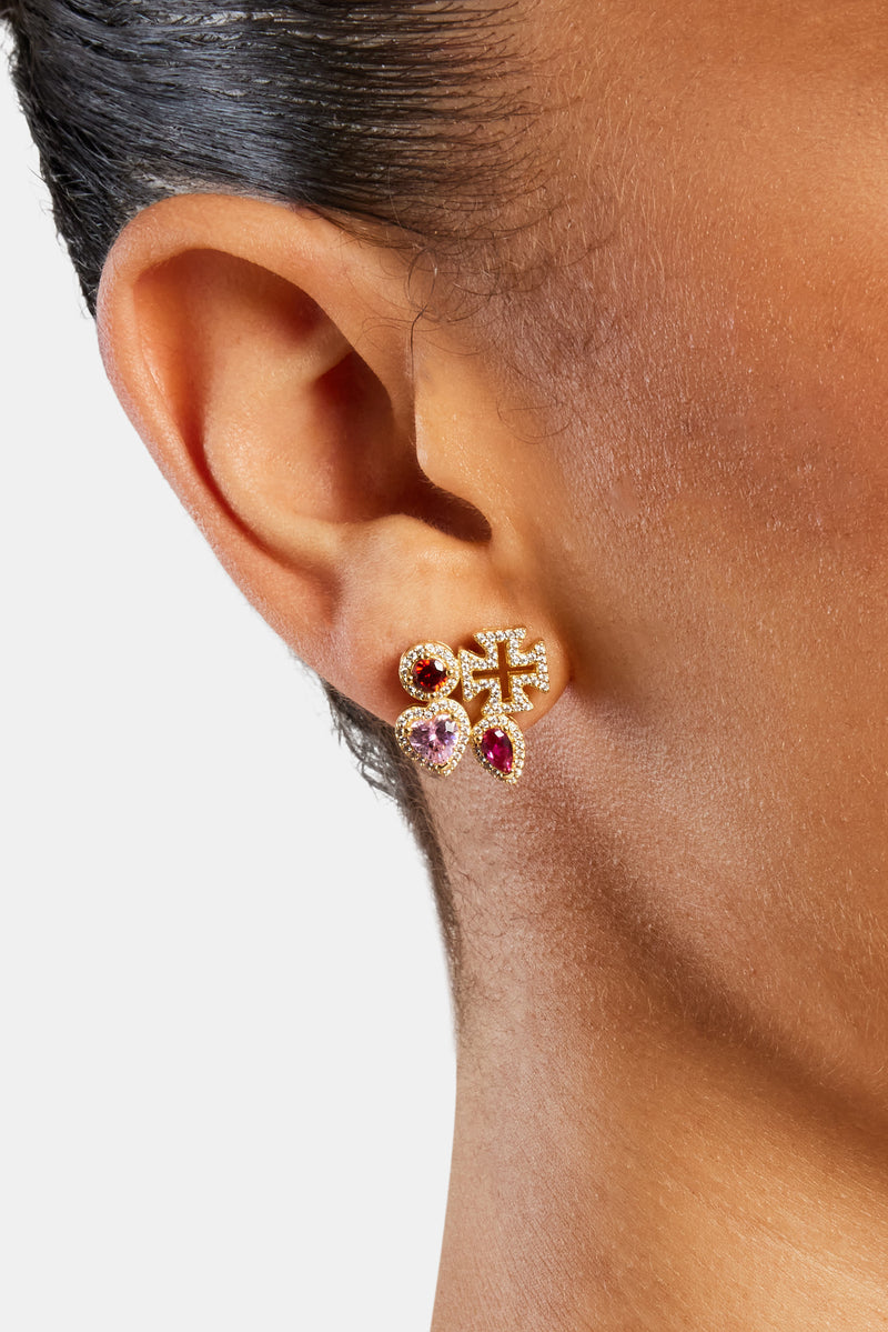 Pink Multi Gem Stud Earrings - Gold