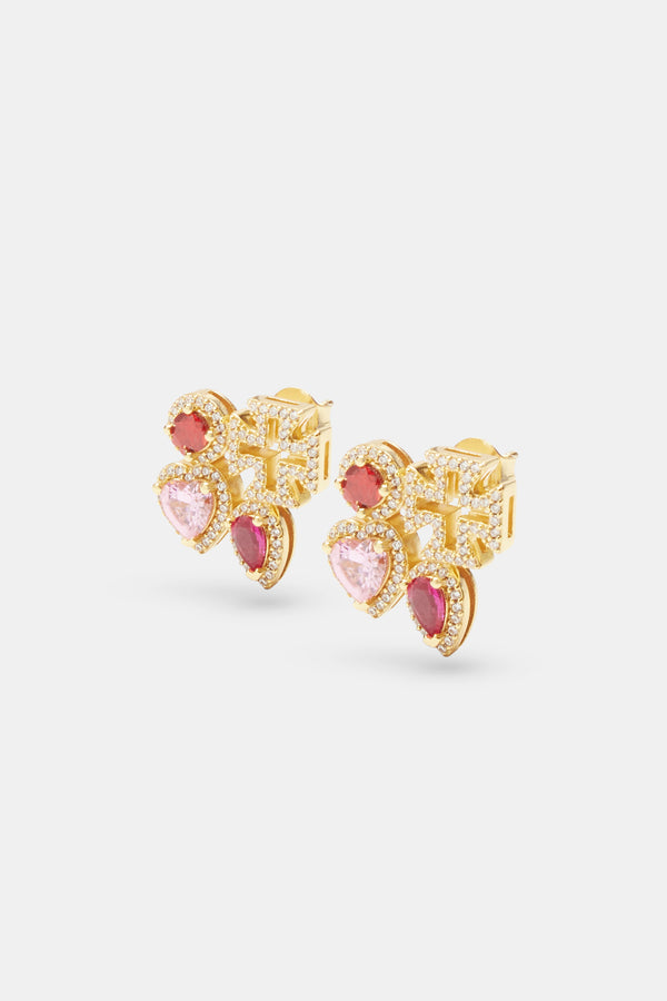 Pink Multi Gem Stud Earrings - Gold