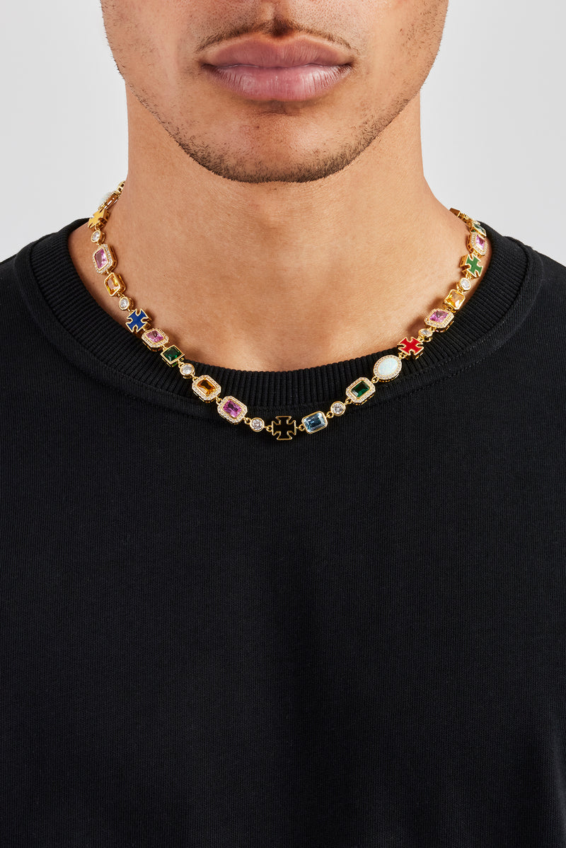 Multi Gemstone Motif Necklace - Gold