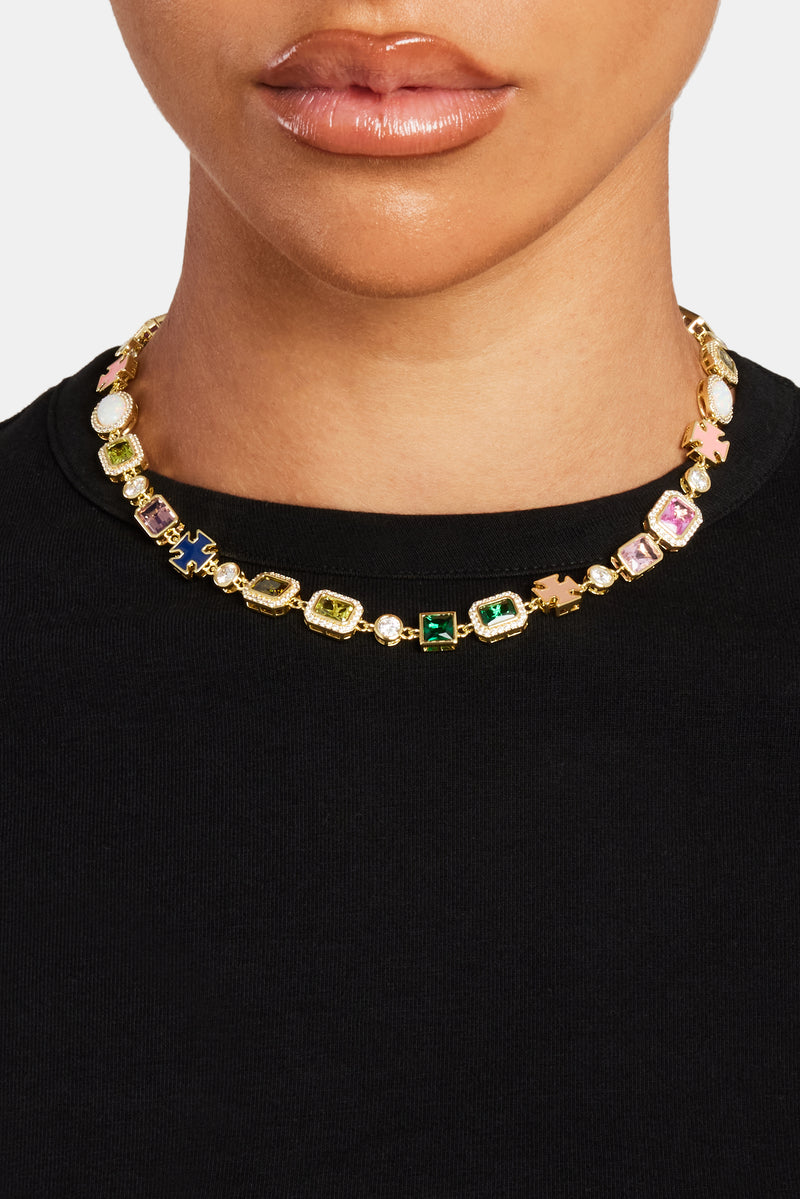 Multi Gemstone Motif Necklace - Gold Pink & Green