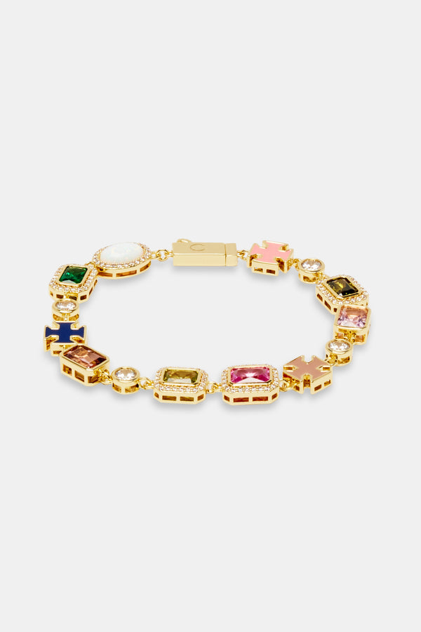 Multi Gemstone Motif Bracelet - Gold Pink & Green