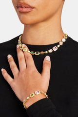 Multi Gemstone Motif Bracelet - Gold Pink & Green