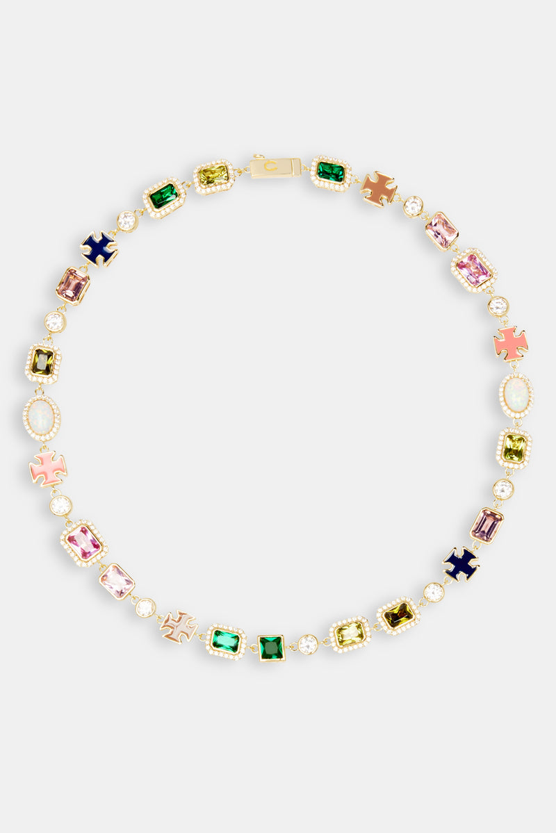 Multi Gemstone Motif Necklace - Gold Pink & Green