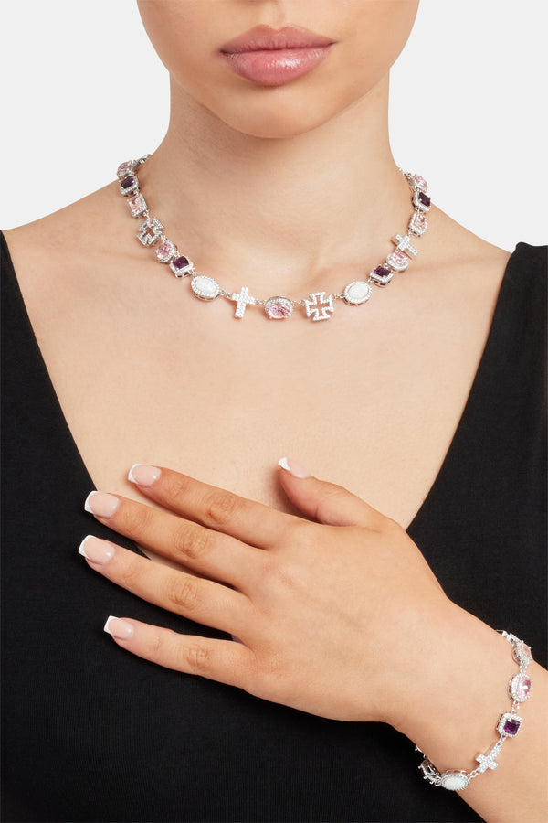 Pink Gemstone & Cross Motif Chain & Bracelet