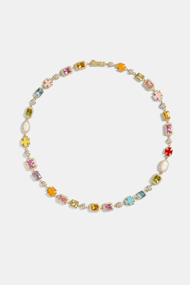 Pink Multi Gemstone Motif Necklace - Gold