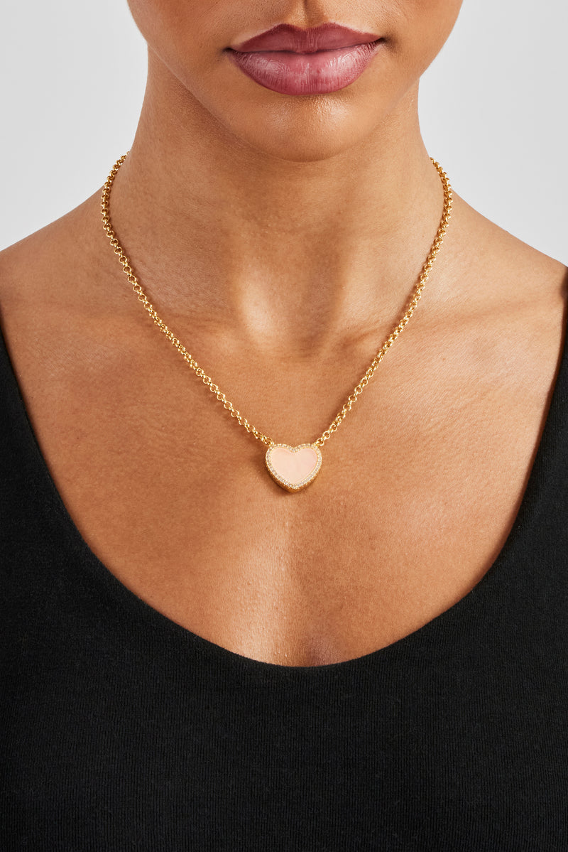 Pink Agate Heart Necklace - Gold