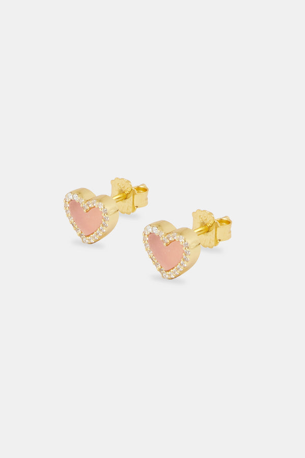 Pink Agate Heart Stud Earrings