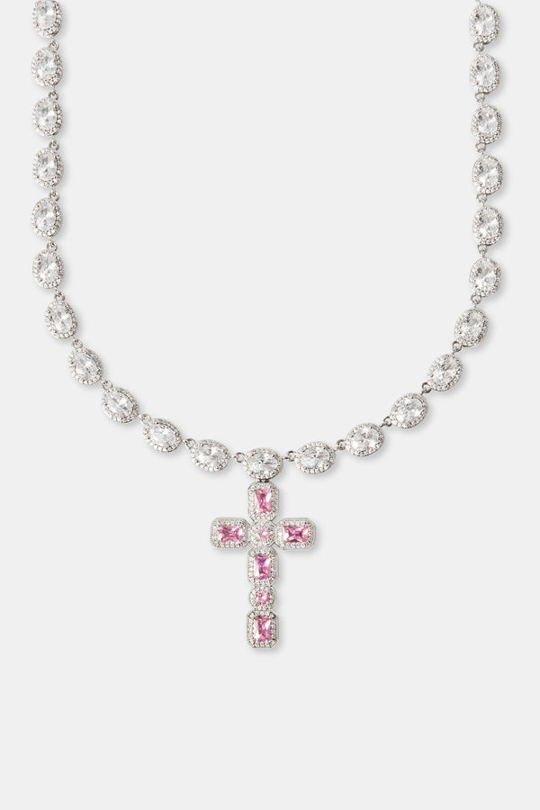 Oval Gemstone Pink Cross Drop Chain - 8mm