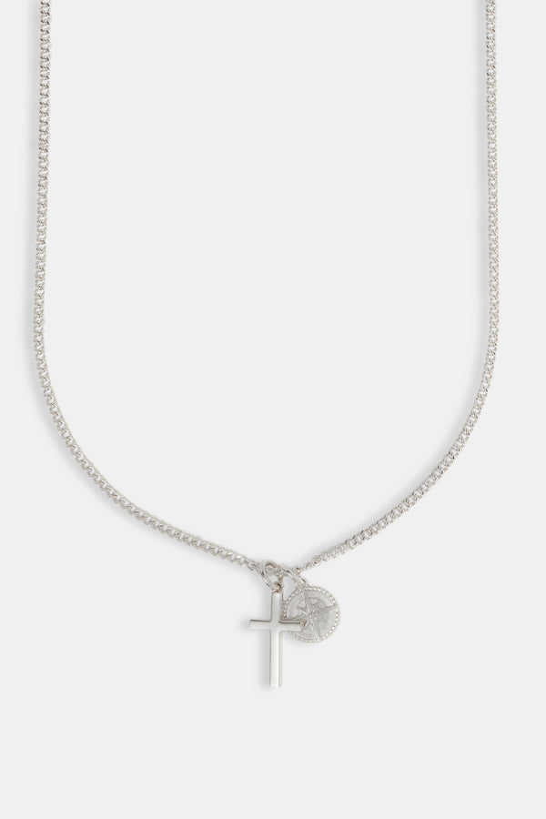 Polished Cross & Compass Layered Necklace - 15mm - White