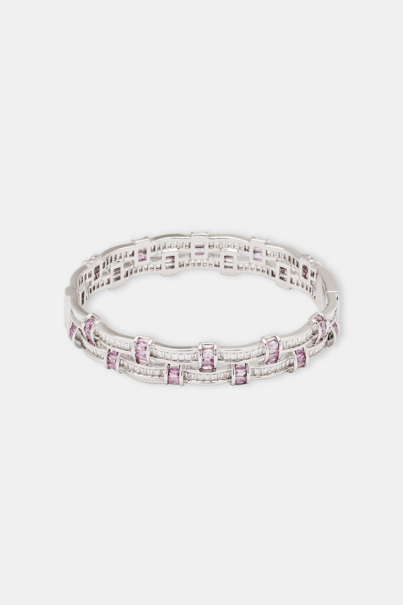 Iced Woven Pink Baguette Bangle - White