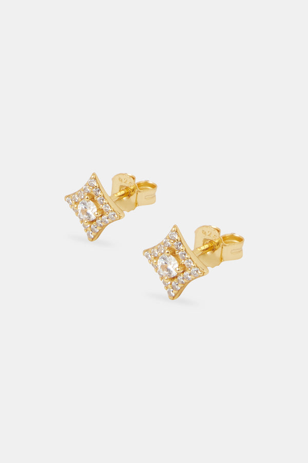 Iced Star Motif Stud Earrings - 8mm - Gold