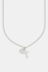 Iced Cross & Clear Gemstone Layered Necklace - 20mm