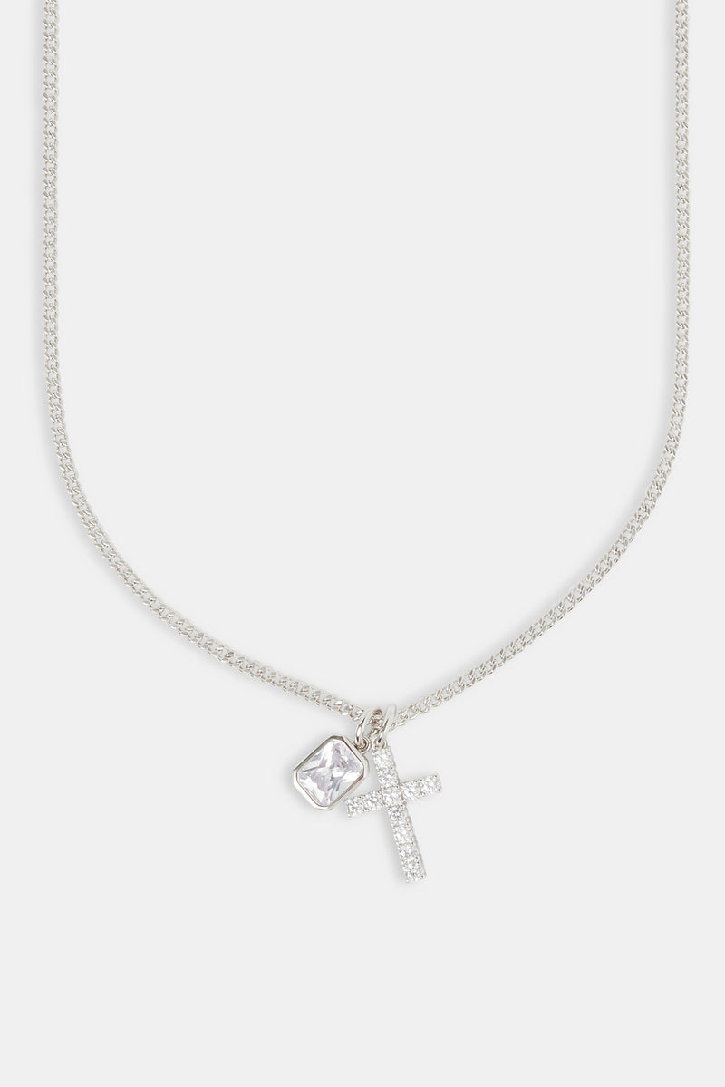 Iced Cross & Clear Gemstone Layered Necklace - 20mm