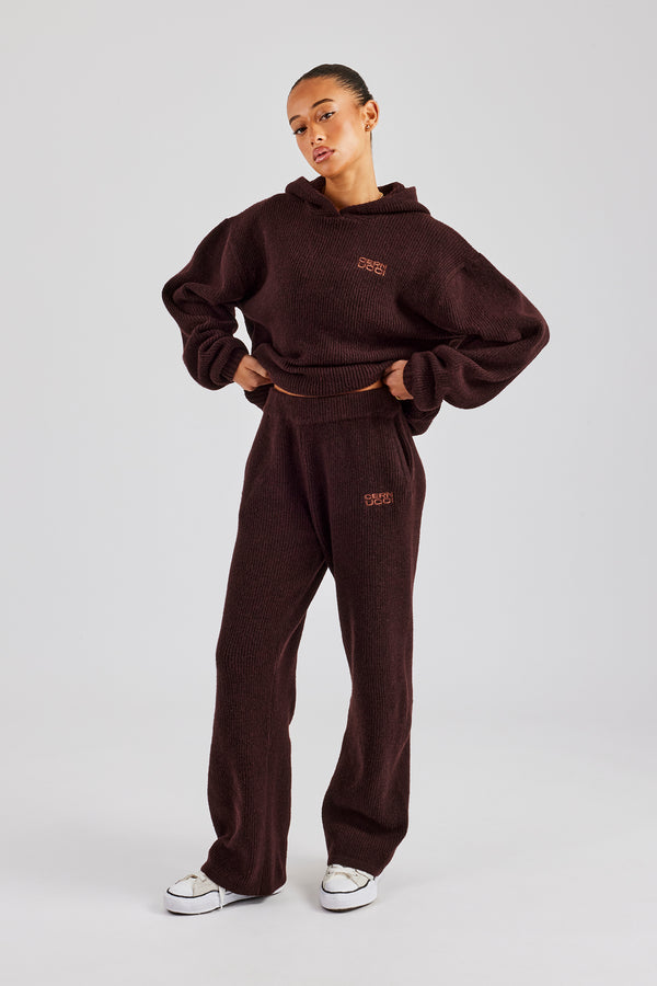 Knit Boxy Embroidered Tracksuit - Chocolate