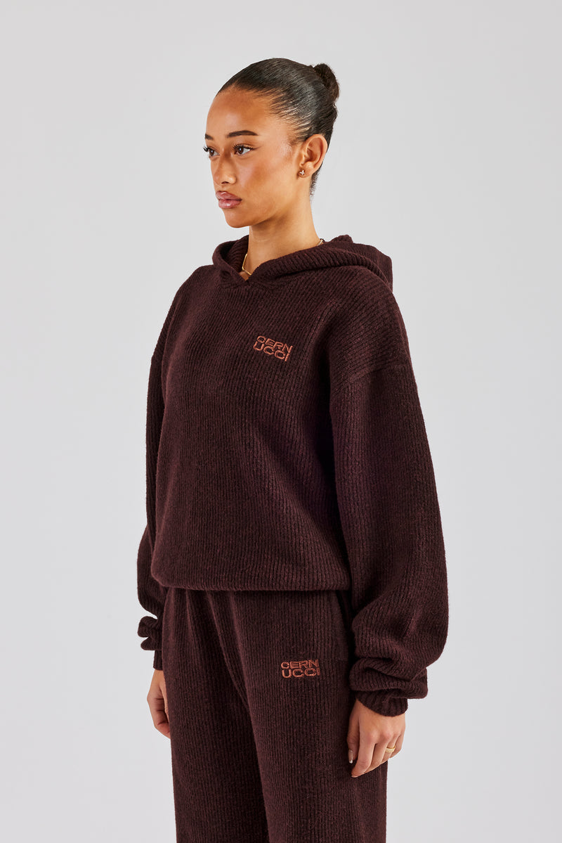 Knit Boxy Embroidered Hoodie - Chocolate