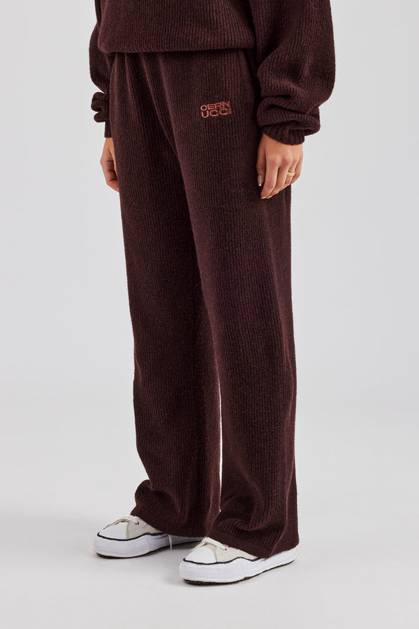 Wide Leg Knit Embroidered Jogger - Chocolate