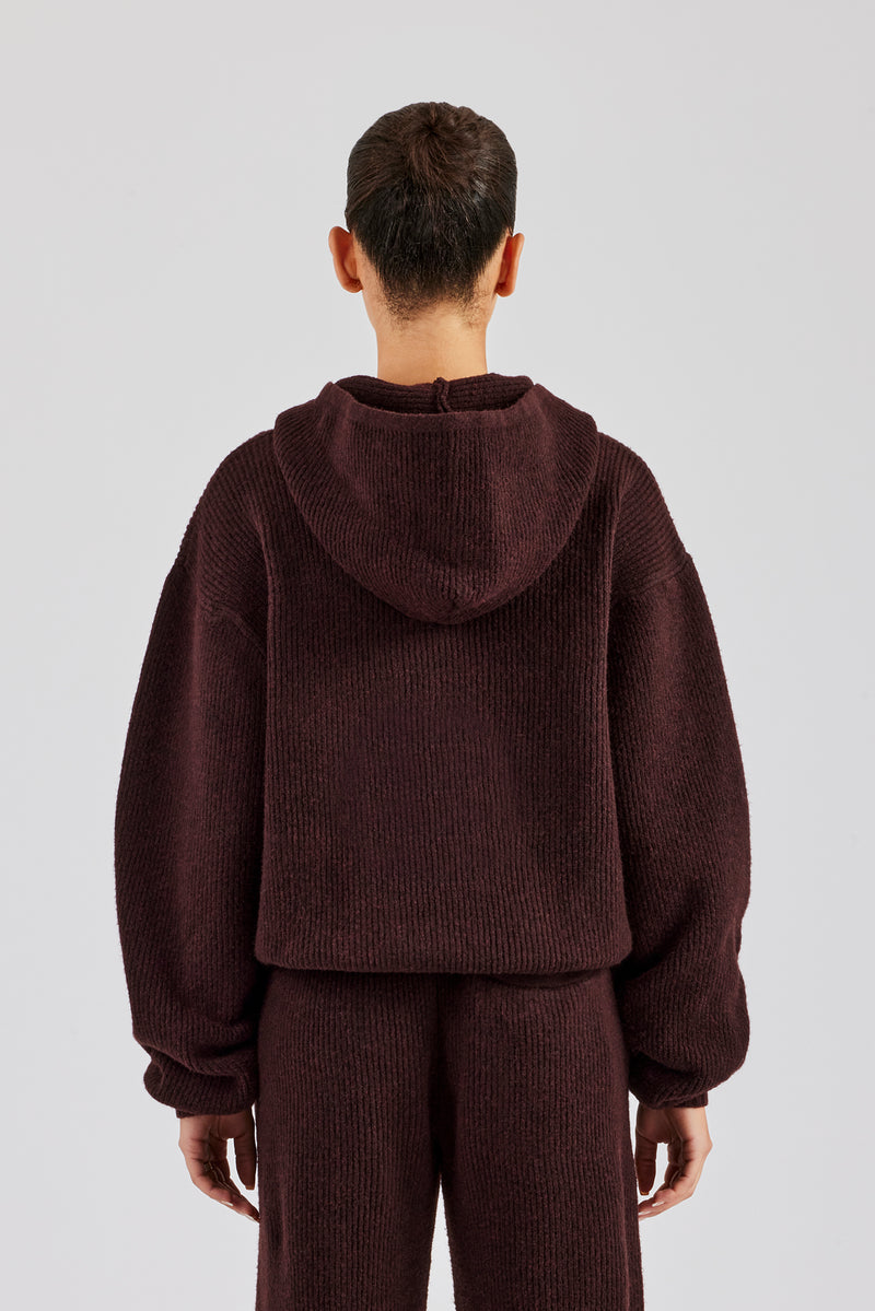 Knit Boxy Embroidered Hoodie - Chocolate