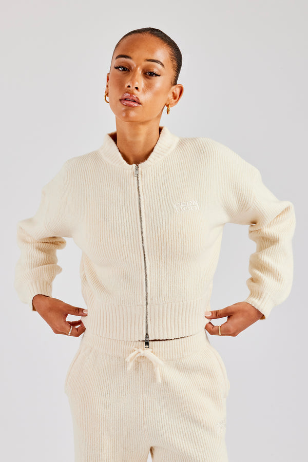 Knitted Zip Front Bomber - Oatmeal