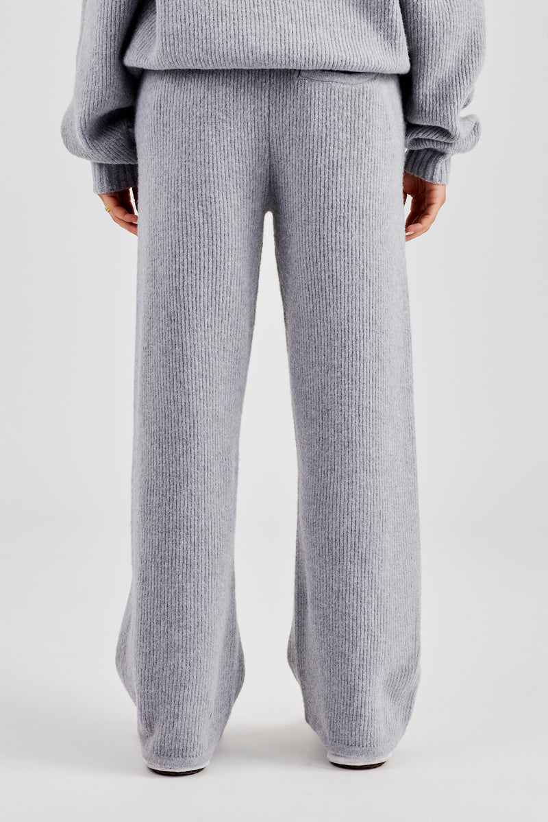 Knit Wide Leg Embroidered Jogger - Grey