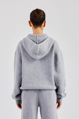 Knit Boxy Raglan Embroidered Hoodie - Grey