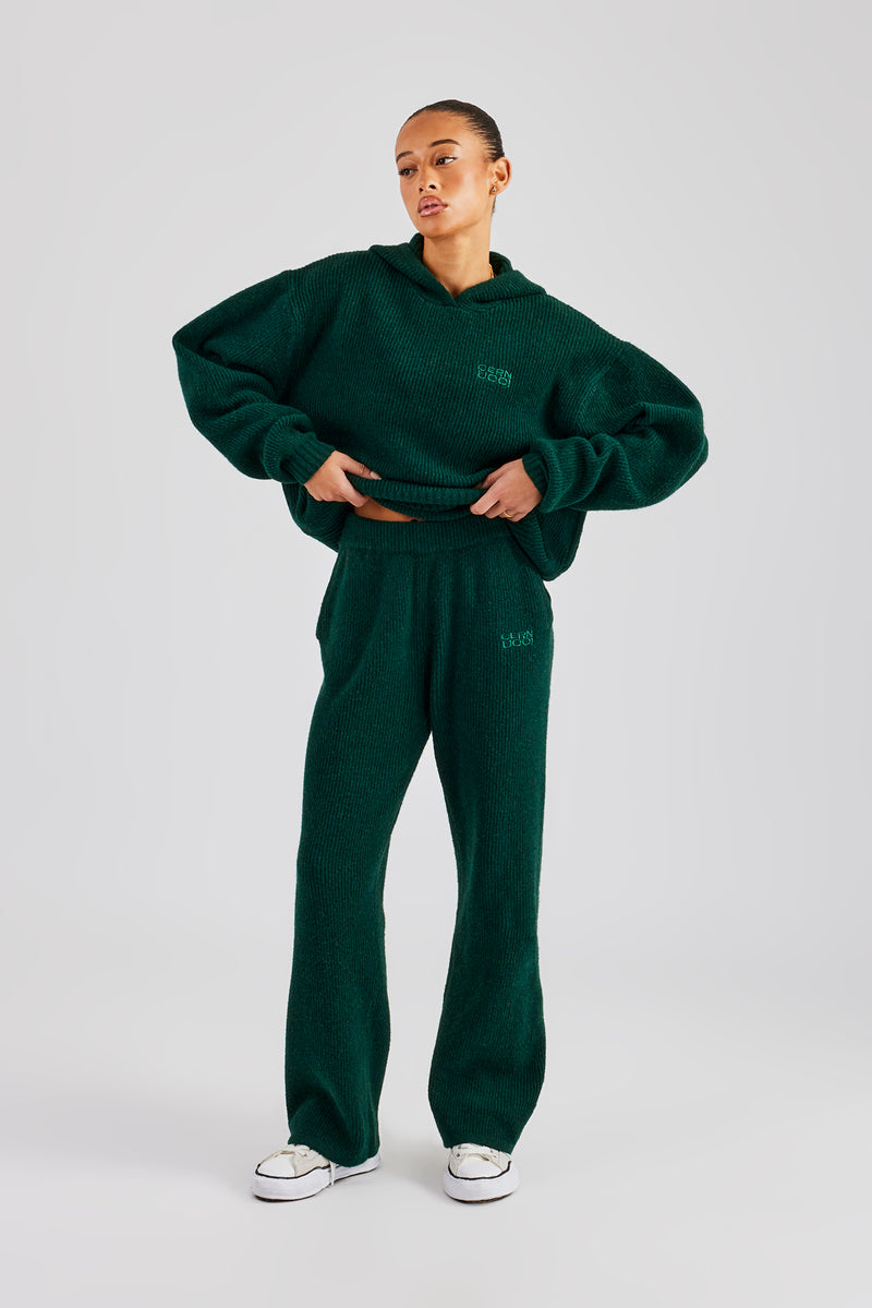 Knit Boxy Embroidered Hoodie - Forest Green