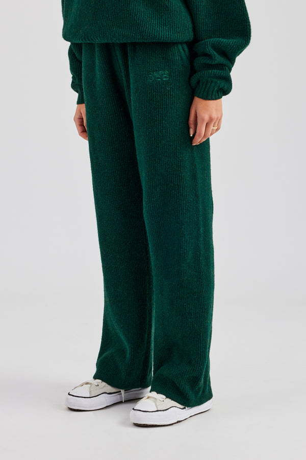 Knit Wide Leg Embroidered Jogger - Forest Green