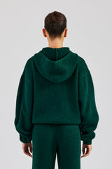 Knit Boxy Embroidered Hoodie - Forest Green