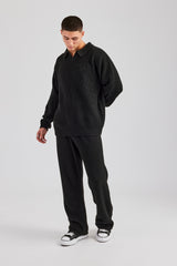 Knit Collared Sweat & Split Hem Jogger - Black