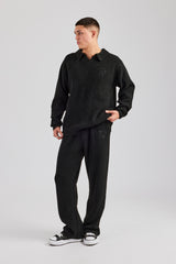 Knit Collared Sweat & Split Hem Jogger - Black