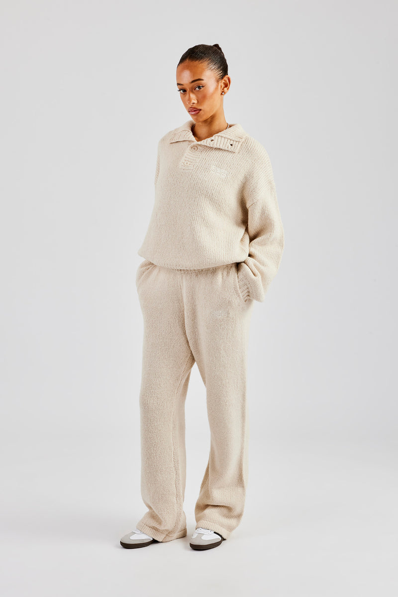 Knit Wide Leg Embroidered Jogger - Oatmeal