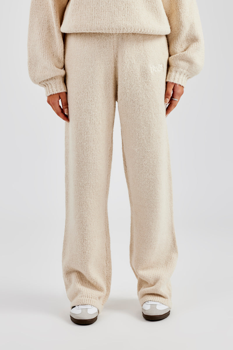 Knit Wide Leg Embroidered Jogger - Oatmeal