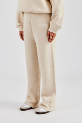 Knit Wide Leg Embroidered Jogger - Oatmeal