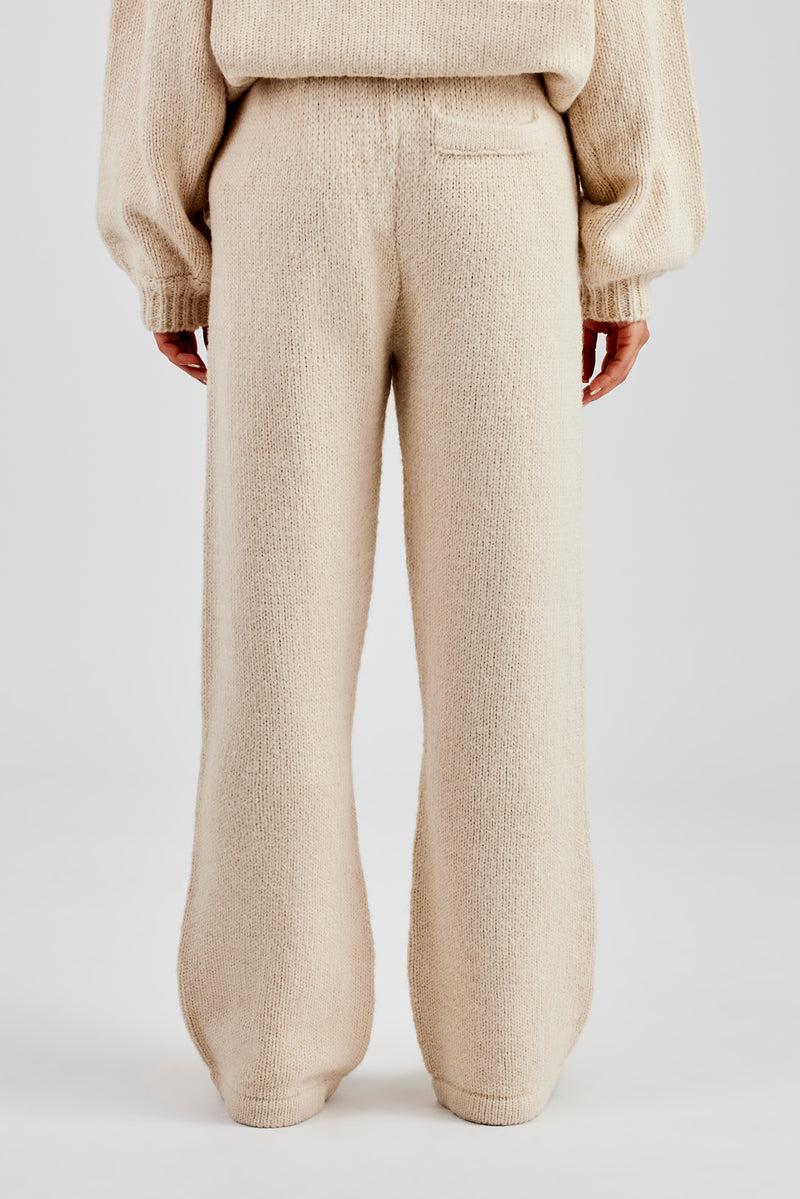 Knit Wide Leg Embroidered Jogger - Oatmeal