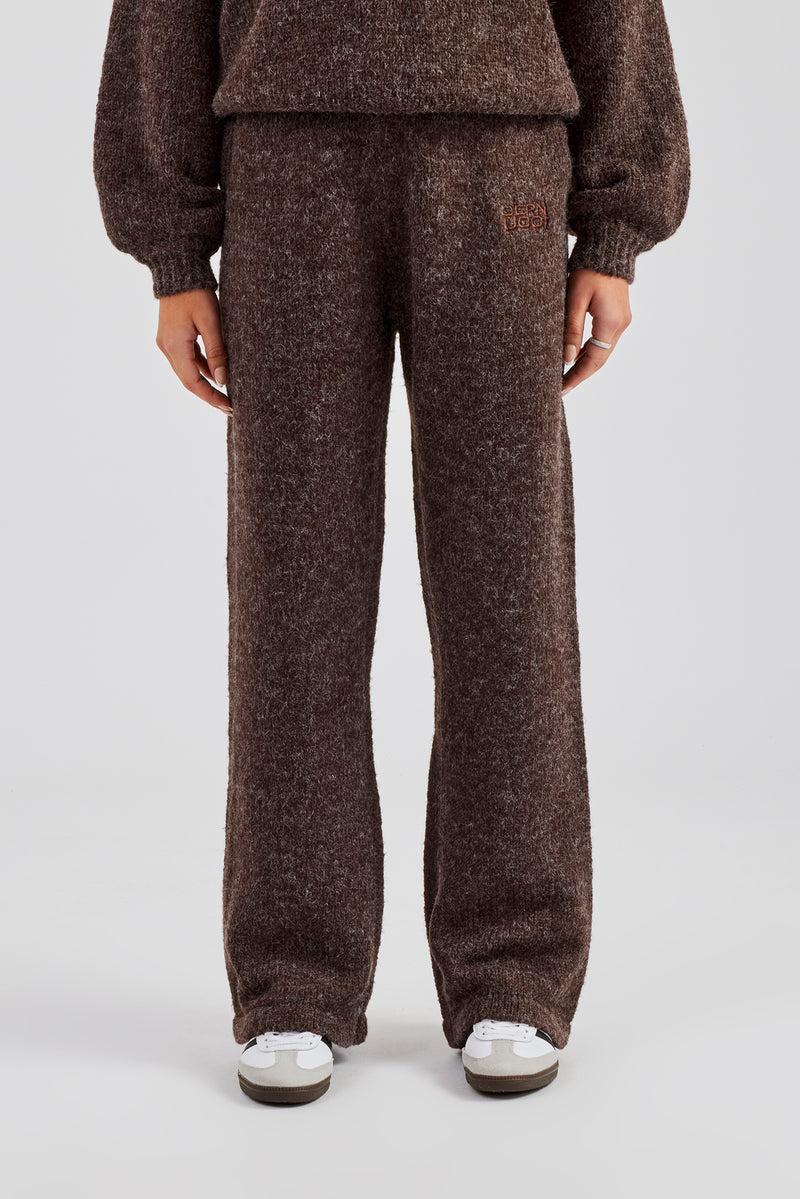 Knit Wide Leg Embroidered Jogger - Chocolate