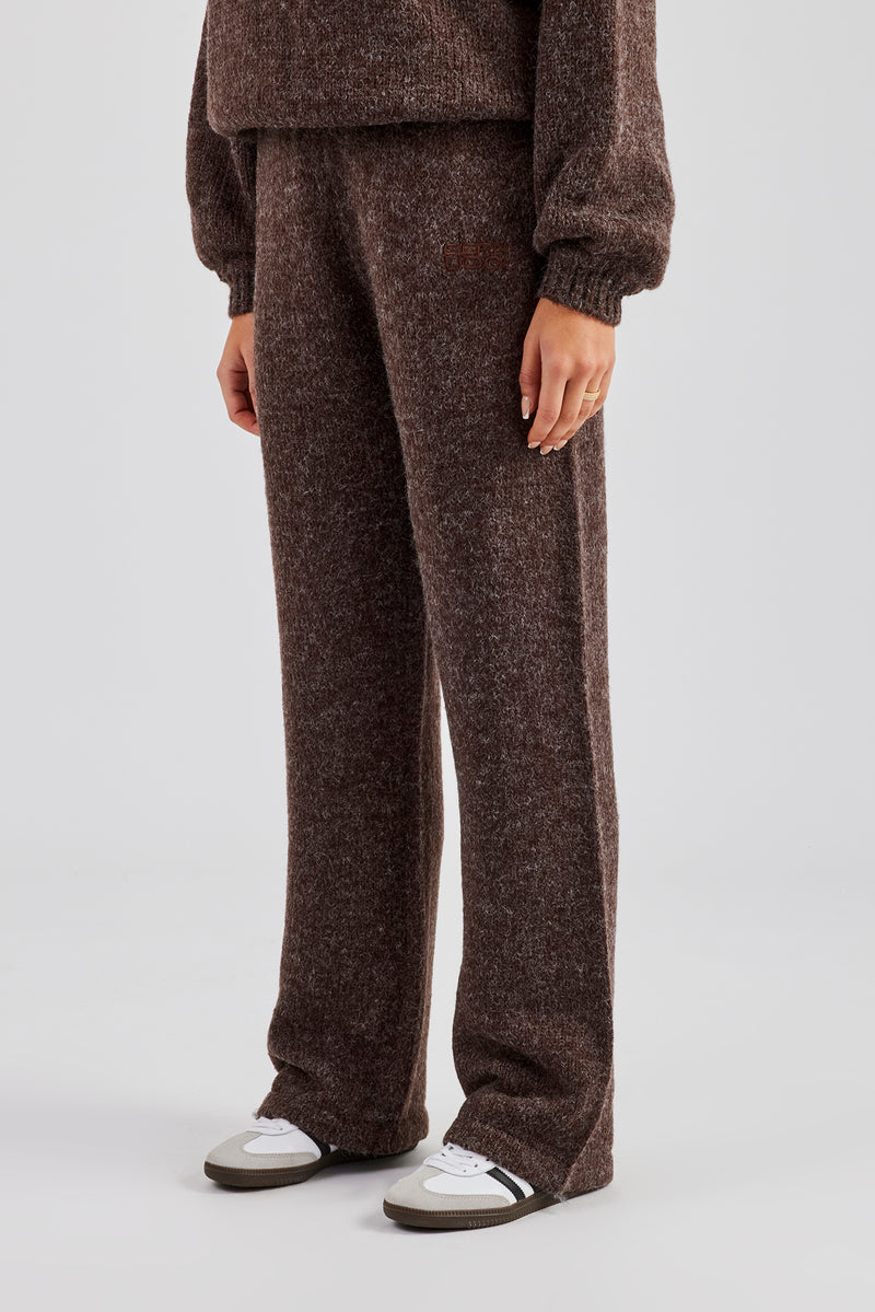 Knit Wide Leg Embroidered Jogger - Chocolate