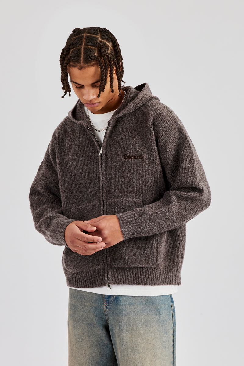 Tonal Zip Through Knit Hoodie - Mocha