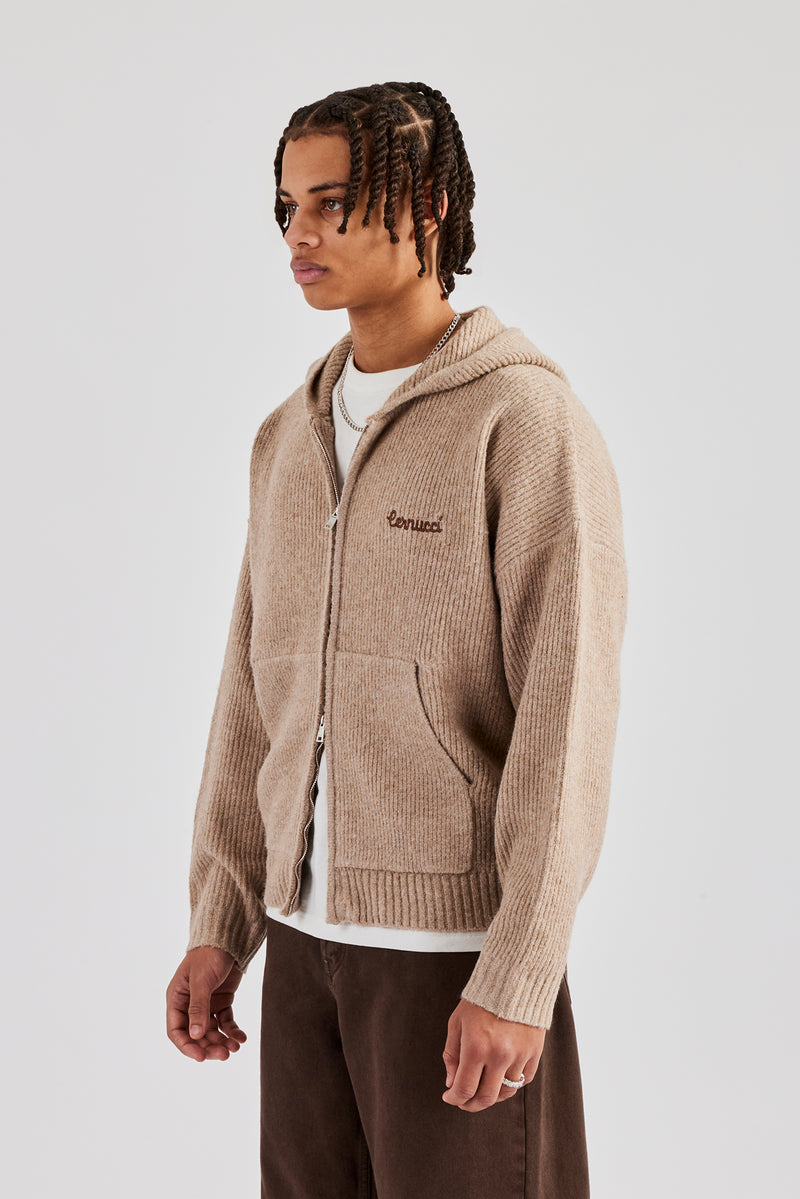 Tonal Zip Through Knit Hoodie - Stone